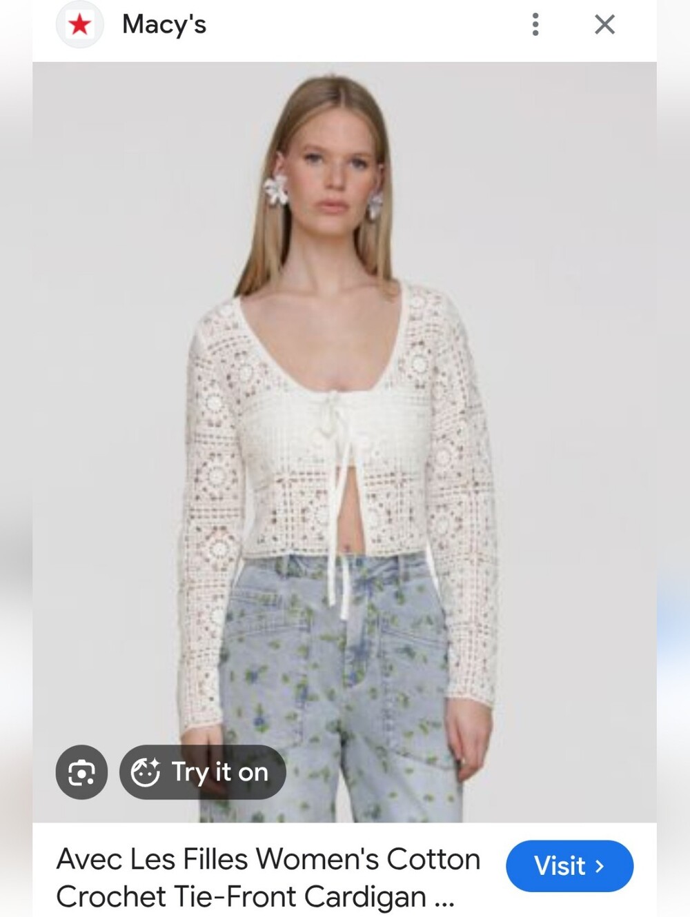 Avec Les Filles Cream Crochet Tie-Front Cropped Cardigan
